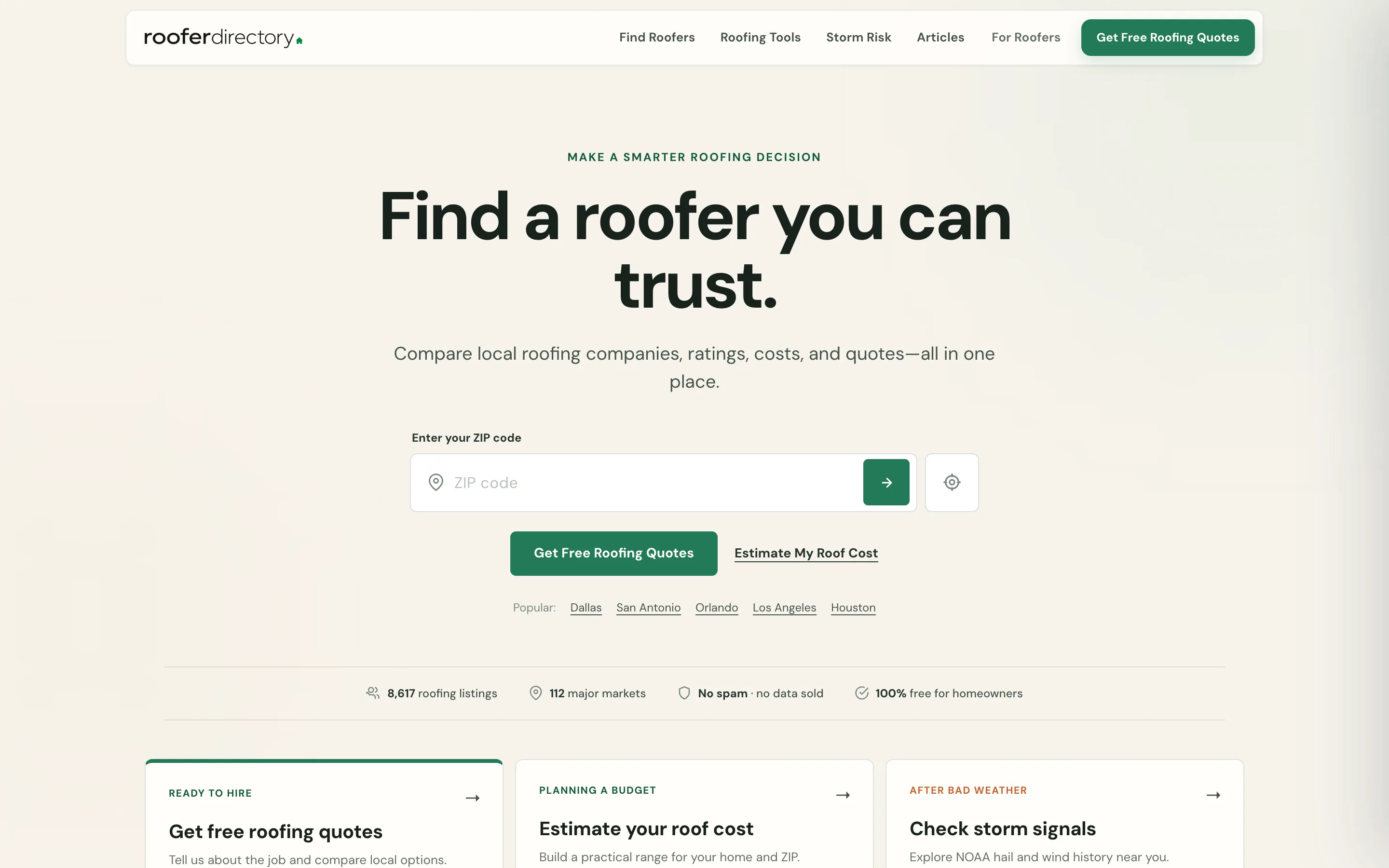 RooferDirectory homepage showing local roofer search, roof cost tools, and market coverage